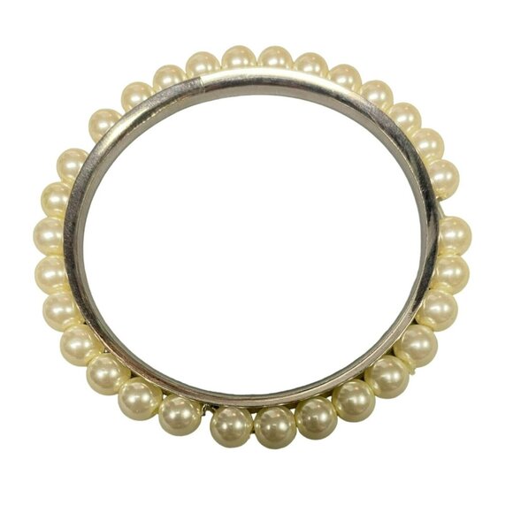 Vintage Faux Pearl Stretch Bracelet and Faux Pearl Silver tone Bangle Bracelet - Picture 3 of 4